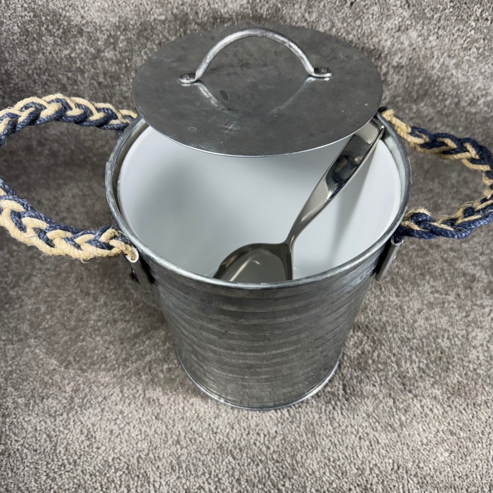 Ice Bucket Silver Galvanized Ribbed Rope Handle Nautical Farmhouse Set